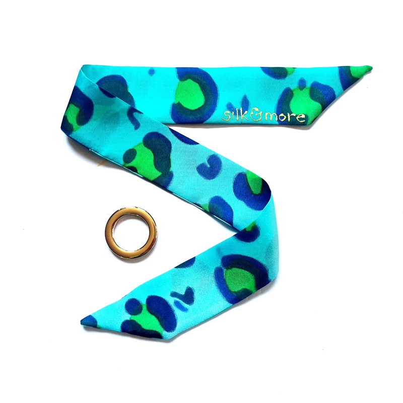 Skinny  ocelot mintás türkiz selyemszalag